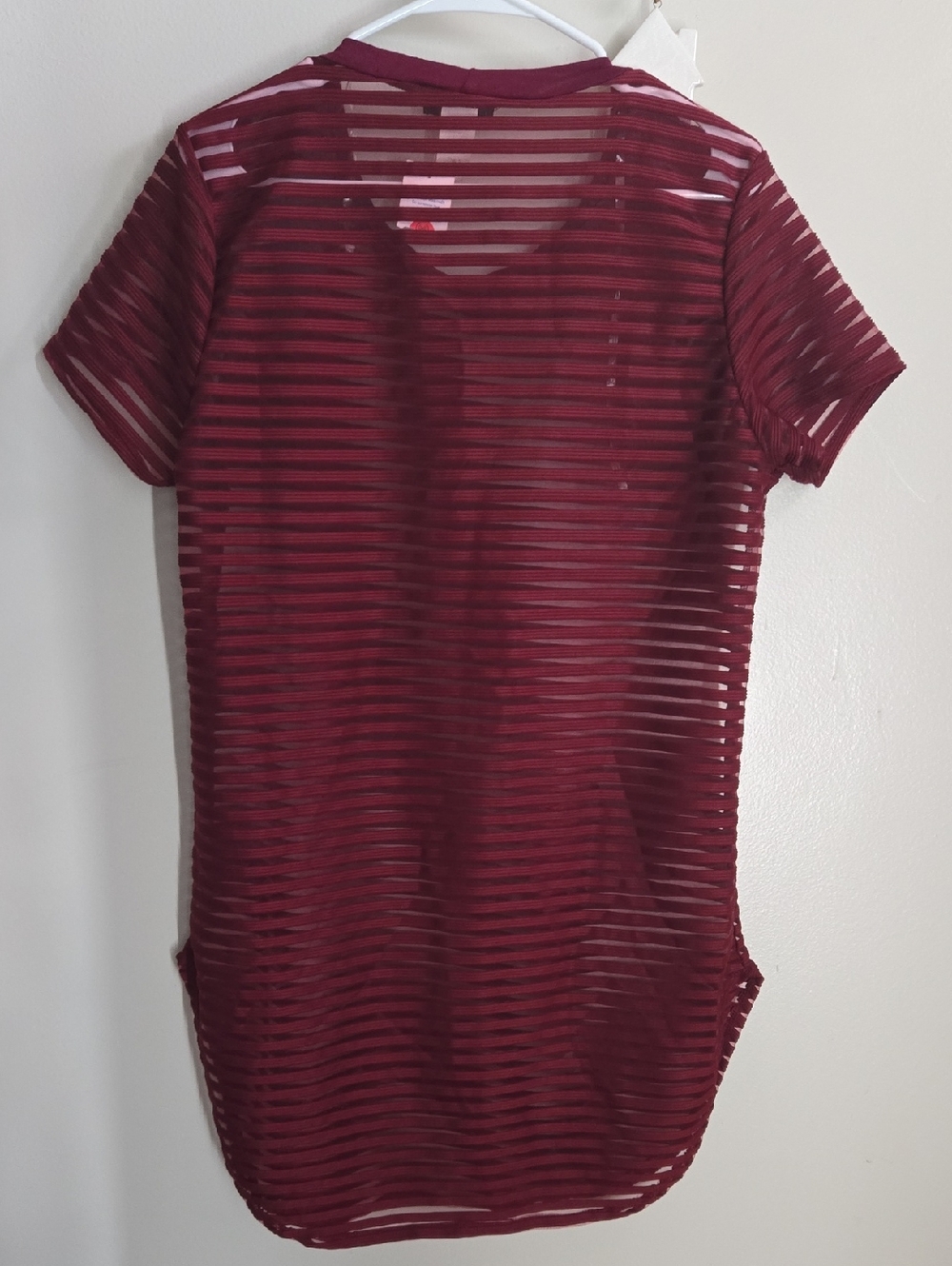 Burgundy Sheer Striped Short Sleeve Dress - Picture 5 of 6